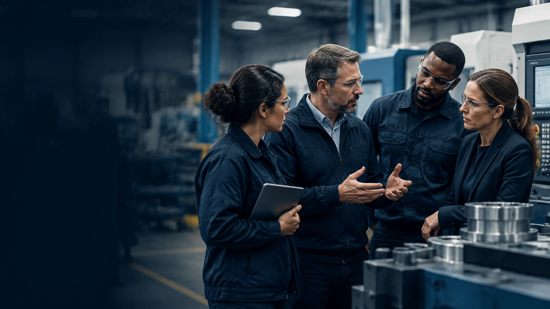 Engineering and manufacturing leaders solving a problem together on the production floor